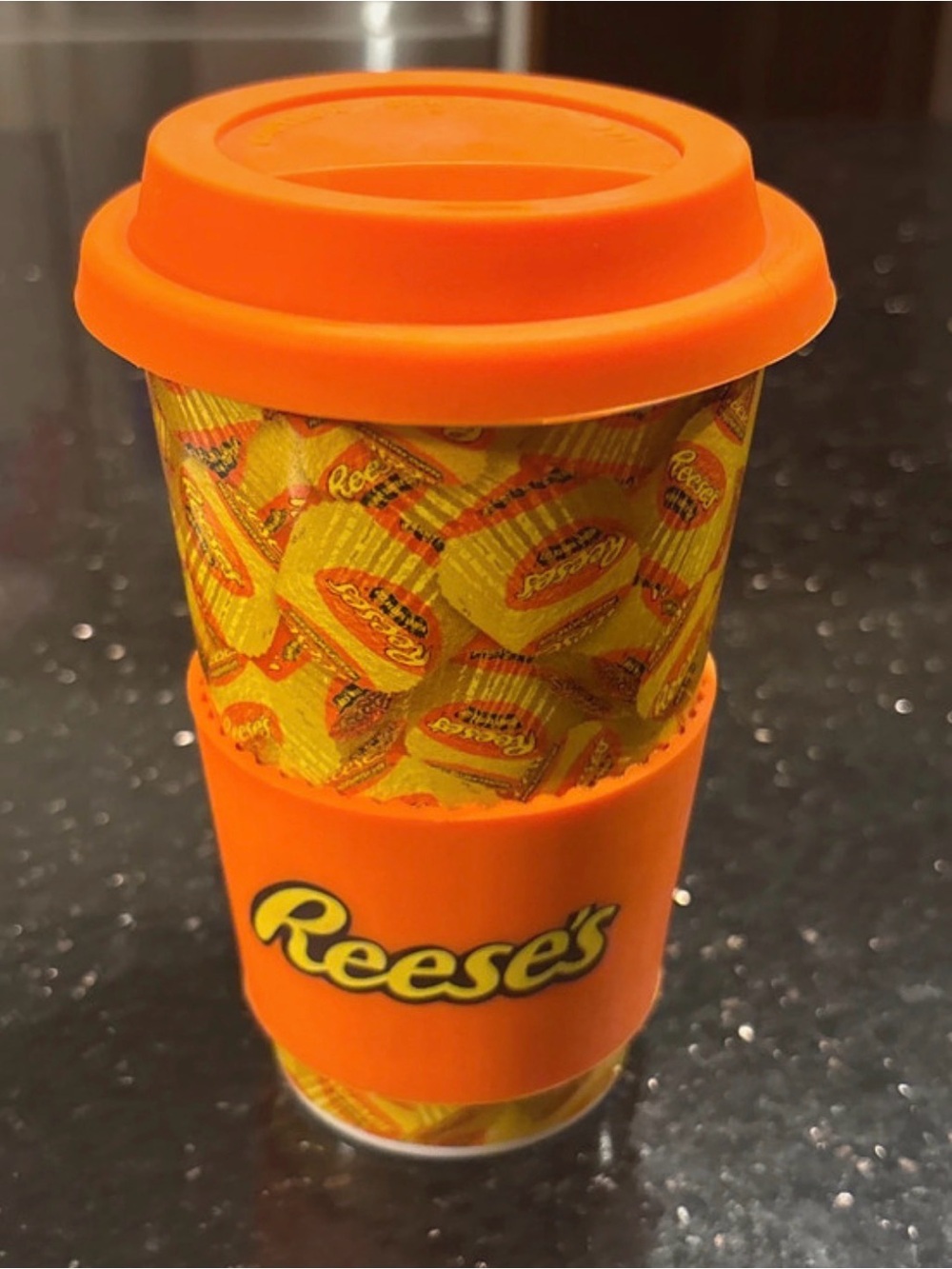 Reeses Peanut Butter Cups Ceramic Drink Tumbler With Heat Wrap and Lid Licensed